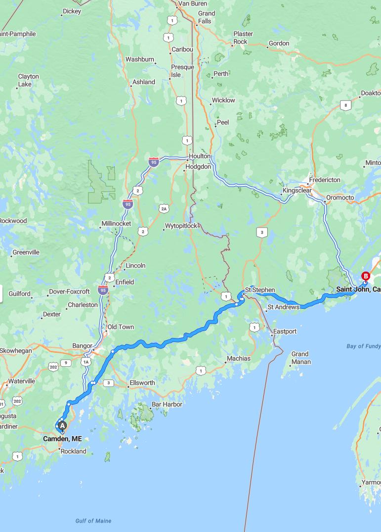 driving from Camden, Maine to Saint JohnNew Brunswick - map and route
