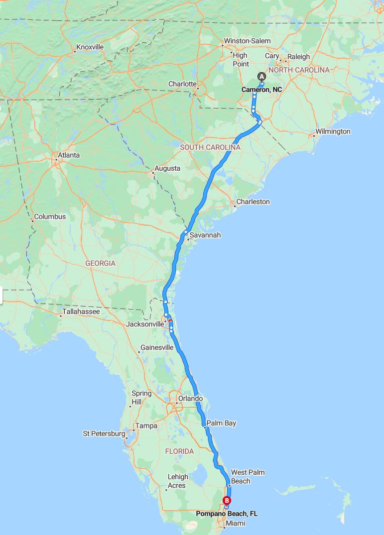 driving from Cameron, North Carolina to Pompano BeachFlorida - map and route