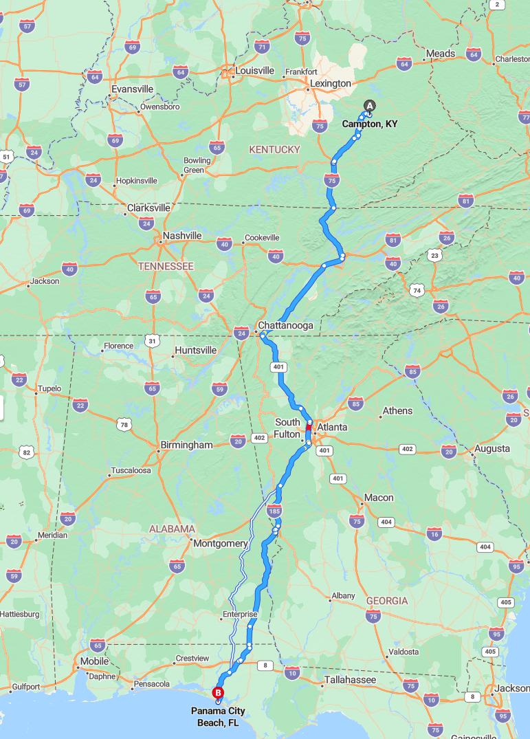 driving from Campton, Kentucky to Panama City BeachFlorida - map and route