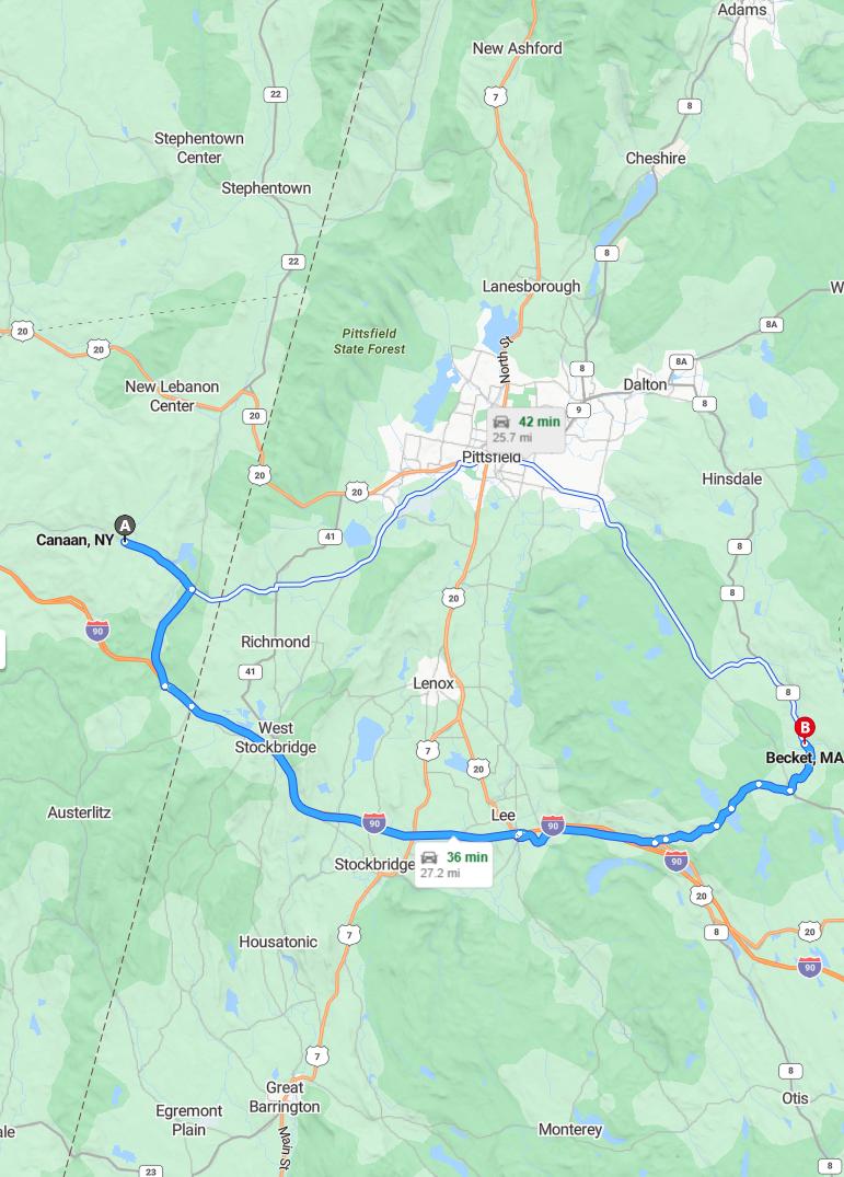 driving from Canaan, New York to BecketMassachusetts - map and route