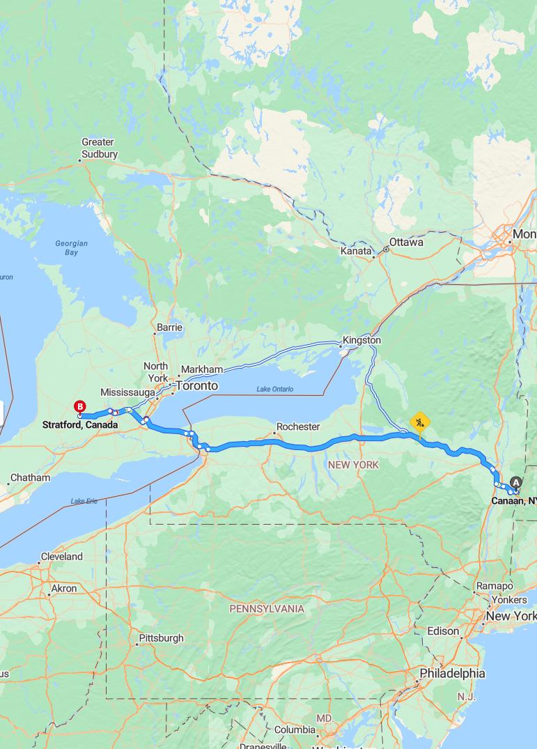 driving from Canaan, New York to StratfordOntario - map and route