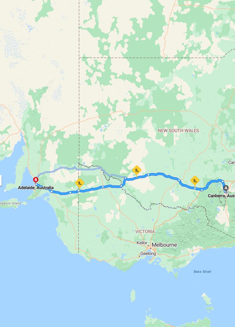 driving from Canberra, Australian Capital Territory to AdelaideSouth Australia - map and route