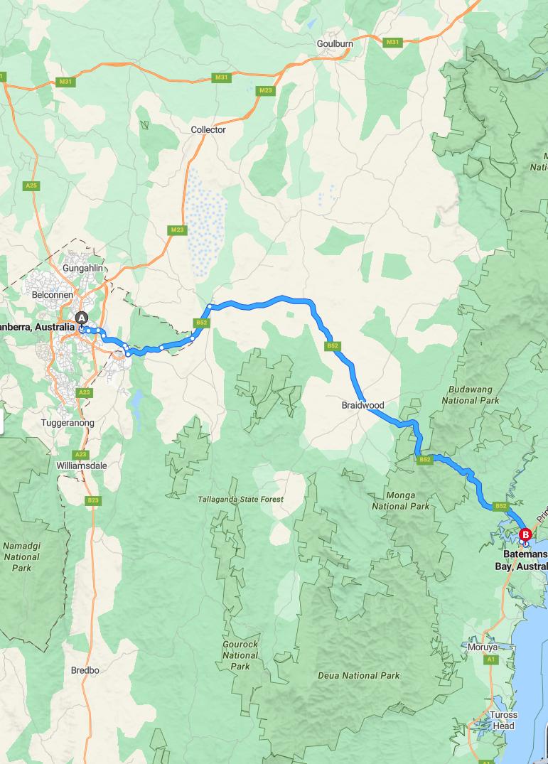 driving from Canberra, Australian Capital Territory to Batemans BayNew South Wales - map and route