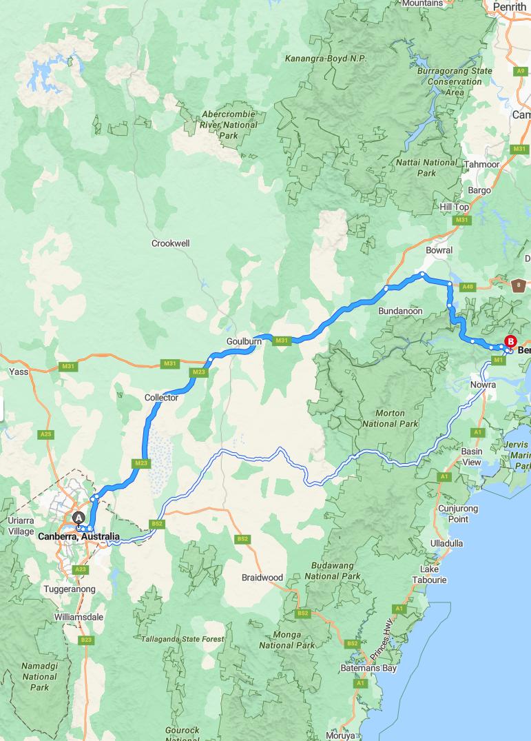driving from Canberra, Australian Capital Territory to BerryNew South Wales - map and route
