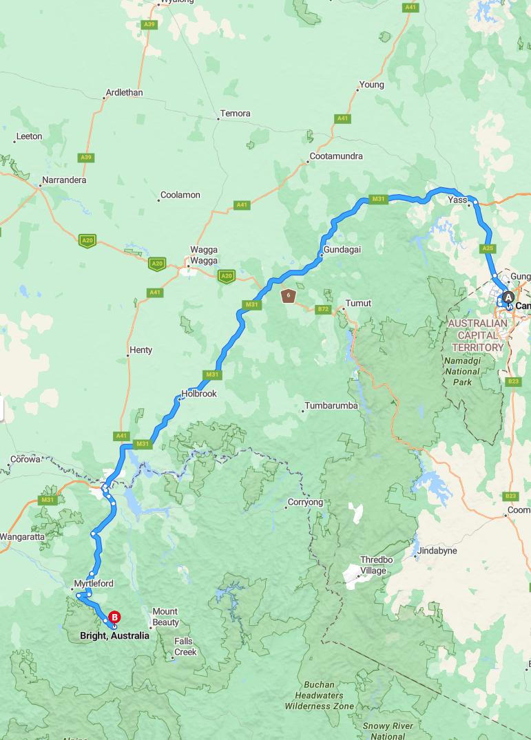 driving from Canberra, Australian Capital Territory to BrightVictoria - map and route