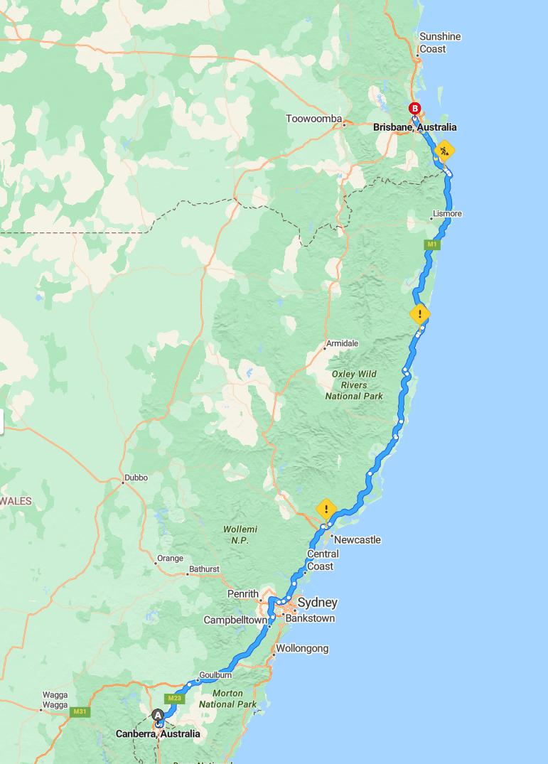 driving from Canberra, Australian Capital Territory to BrisbaneQueensland - map and route