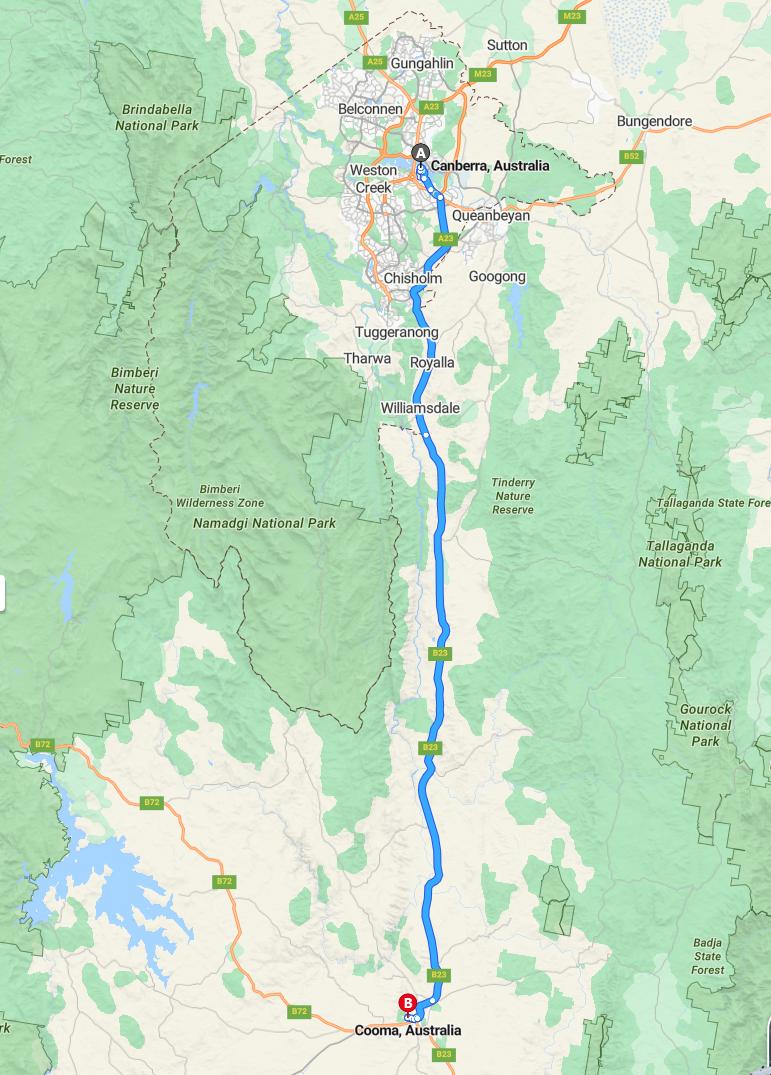 driving from Canberra, Australian Capital Territory to CoomaNew South Wales - map and route