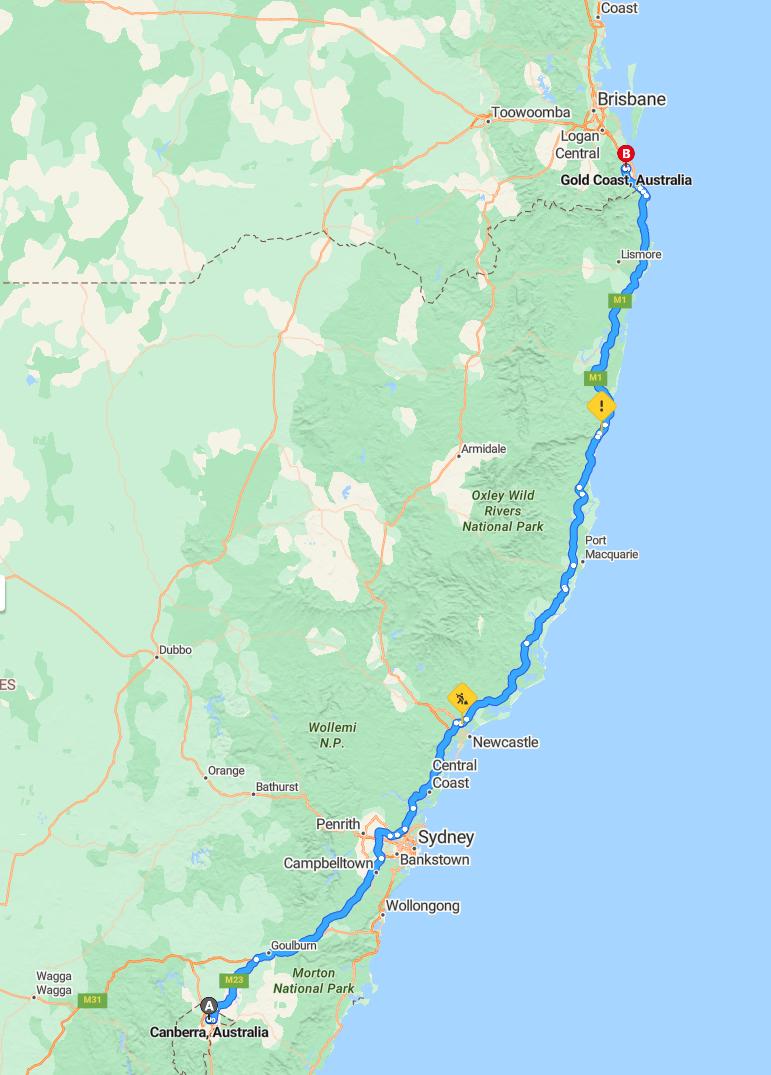 driving from Canberra, Australian Capital Territory to Gold CoastQueensland - map and route