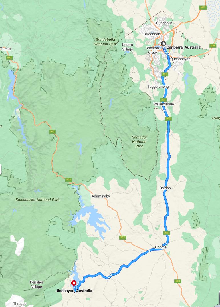 driving from Canberra, Australian Capital Territory to JindabyneNew South Wales - map and route
