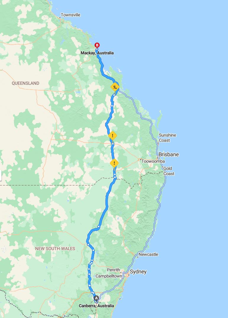 driving from Canberra, Australian Capital Territory to MackayQueensland - map and route