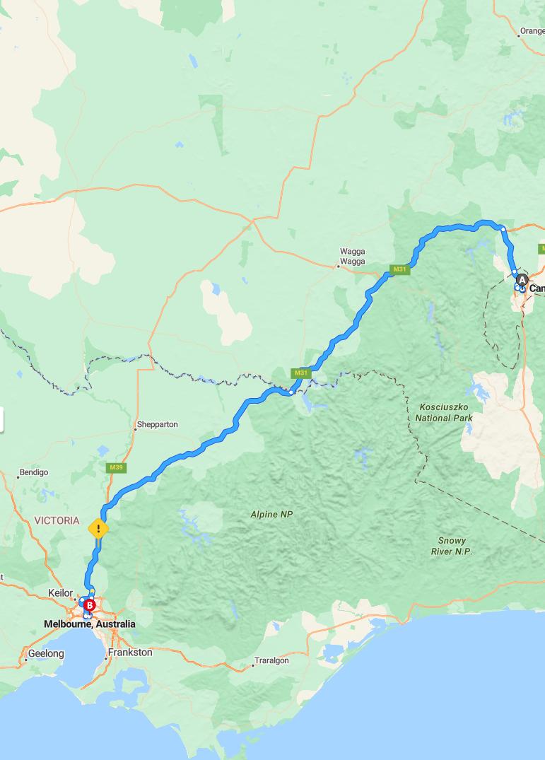 driving from Canberra, Australian Capital Territory to MelbourneVictoria - map and route