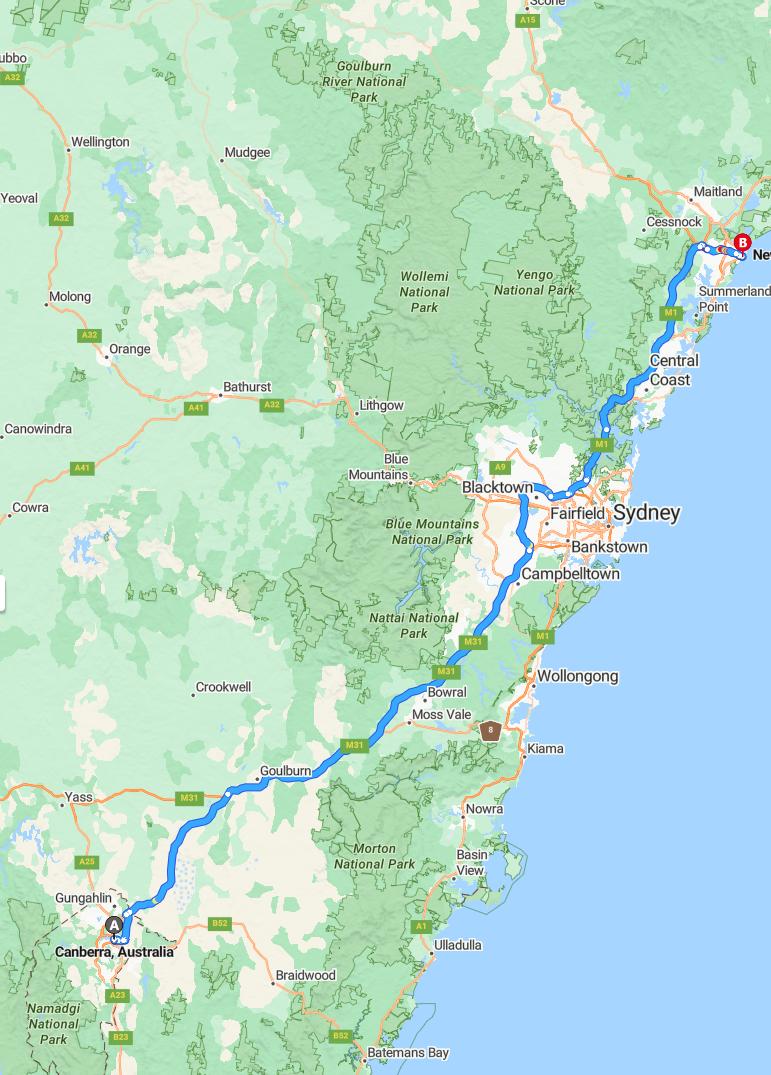 driving from Canberra, Australian Capital Territory to NewcastleNew South Wales - map and route
