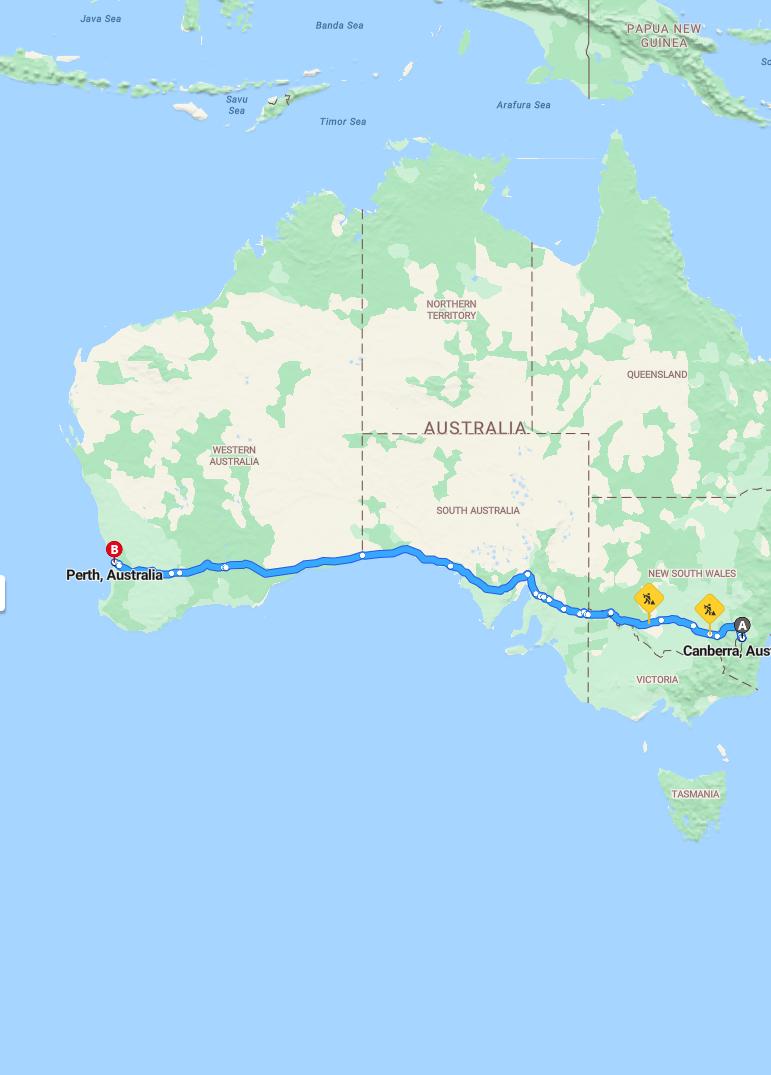 driving from Canberra, Australian Capital Territory to PerthWestern Australia - map and route