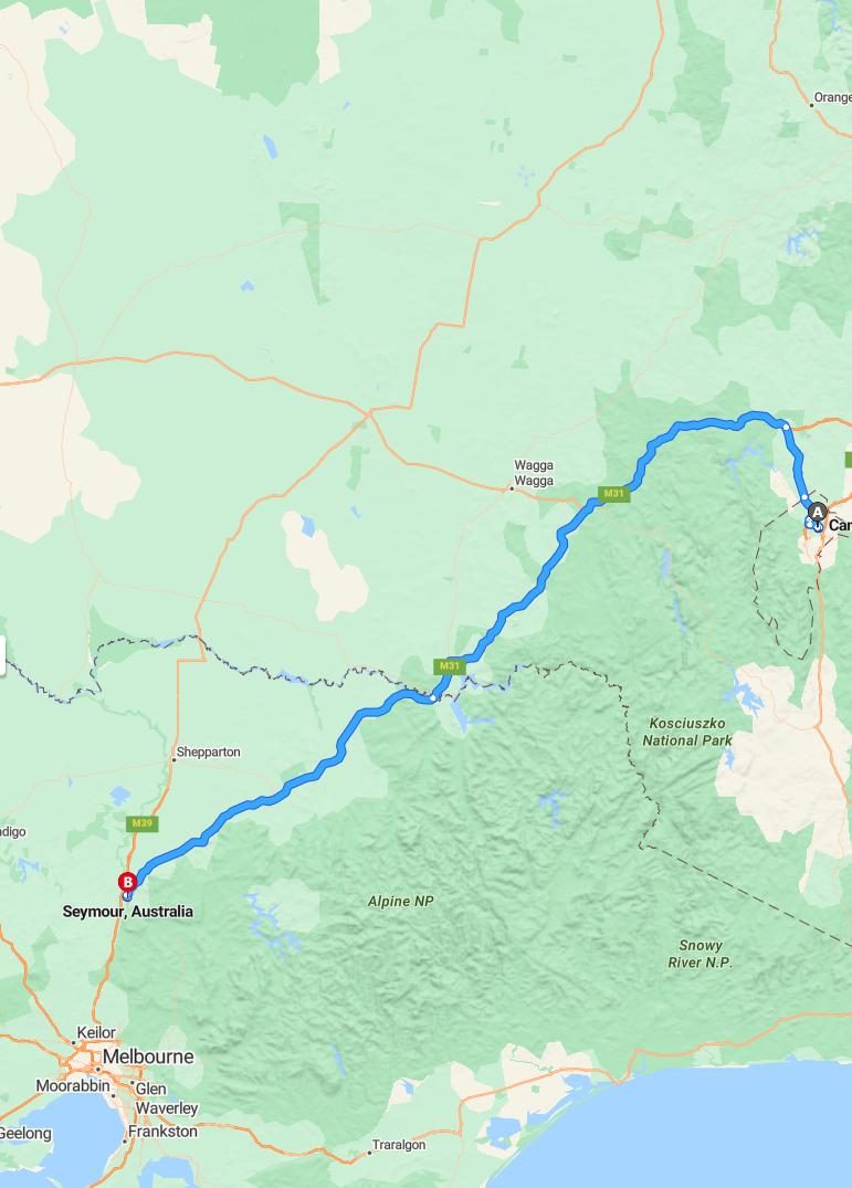driving from Canberra, Australian Capital Territory to SeymourVictoria - map and route