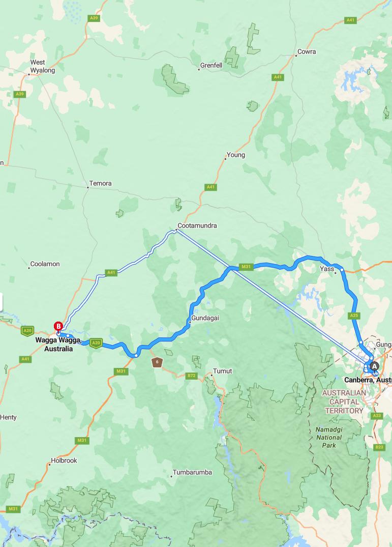 driving from Canberra, Australian Capital Territory to Wagga WaggaNew South Wales - map and route