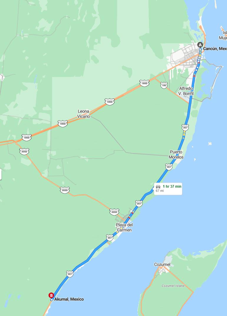 driving from Cancun, Quintana Roo to AkumalQuintana Roo - map and route