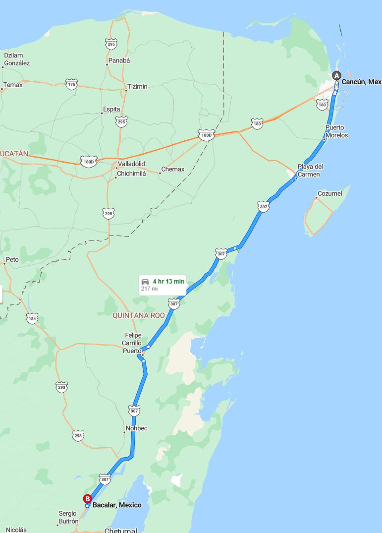 driving from Cancun, Quintana Roo to BacalarQuintana Roo - map and route