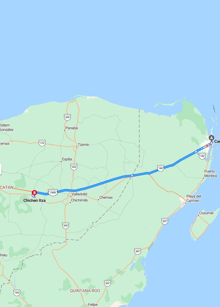 driving from Cancun, Quintana Roo to Chichen ItzaYucatan - map and route