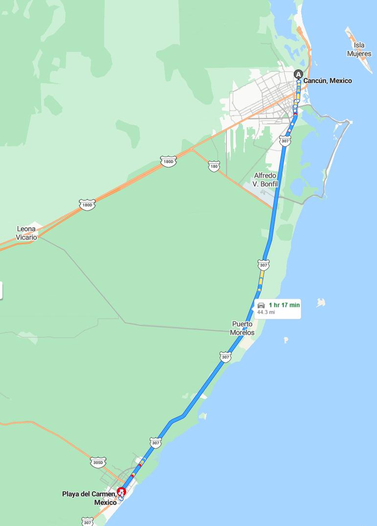 driving from Cancun, Quintana Roo to Playa del CarmenQuintana Roo - map and route