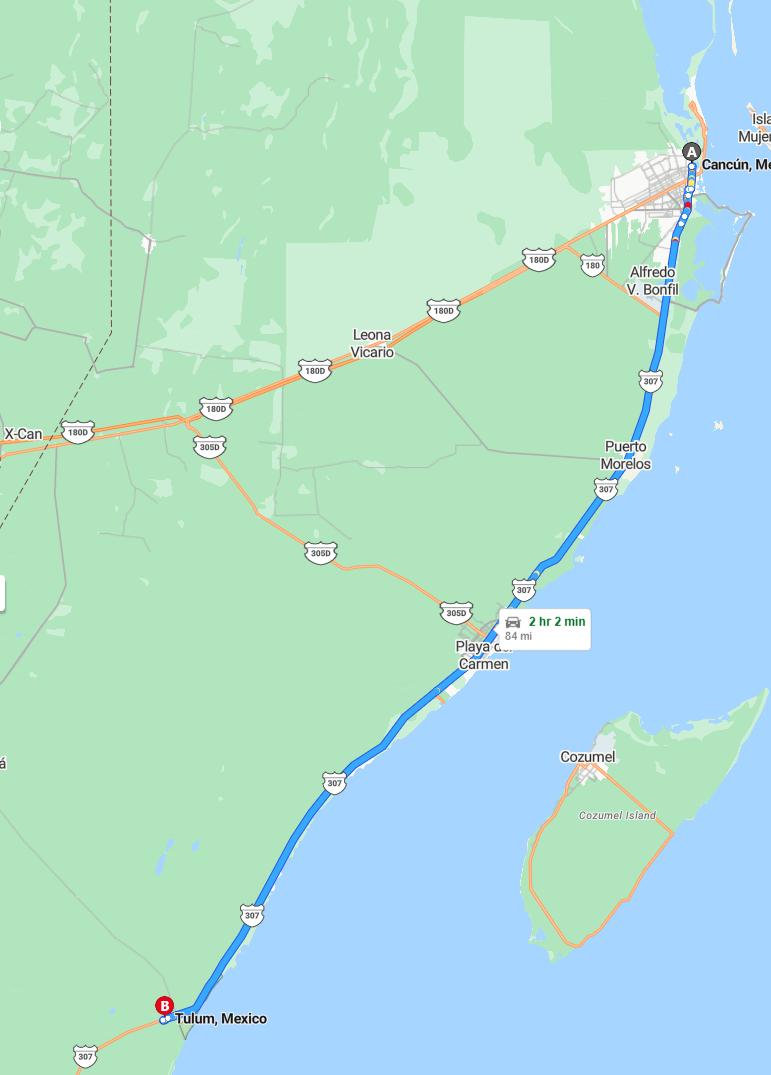 driving from Cancun, Quintana Roo to TulumQuintana Roo - map and route