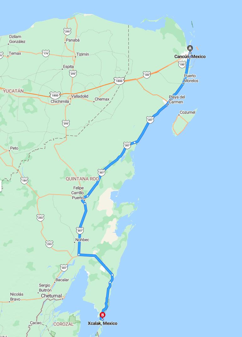driving from Cancun, Quintana Roo to XcalakQuintana Roo - map and route