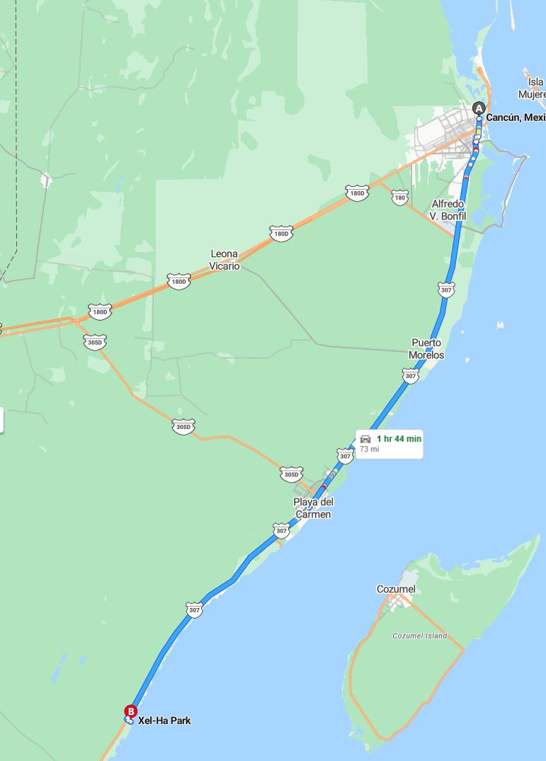 driving from Cancun, Quintana Roo to Xel-HaQuintana Roo - map and route
