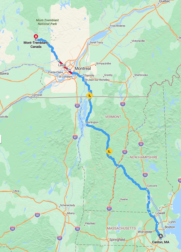 driving from Canton, Massachusetts to Mont TremblantQuebec - map and route