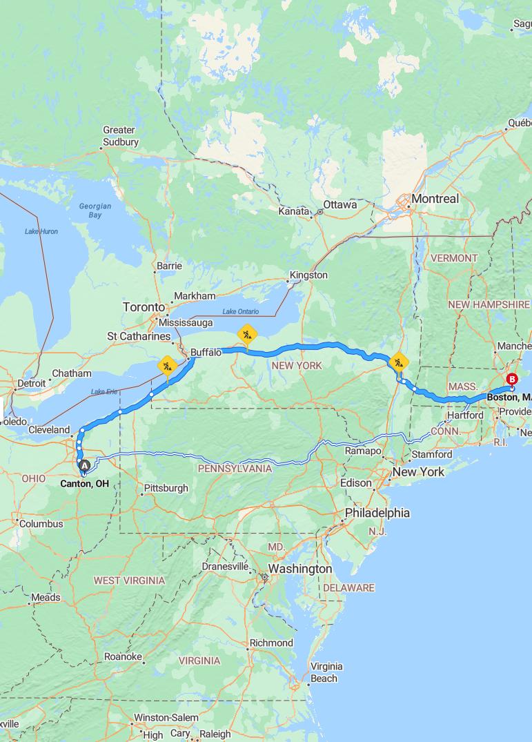 driving from Canton, Ohio to BostonMassachusetts - map and route