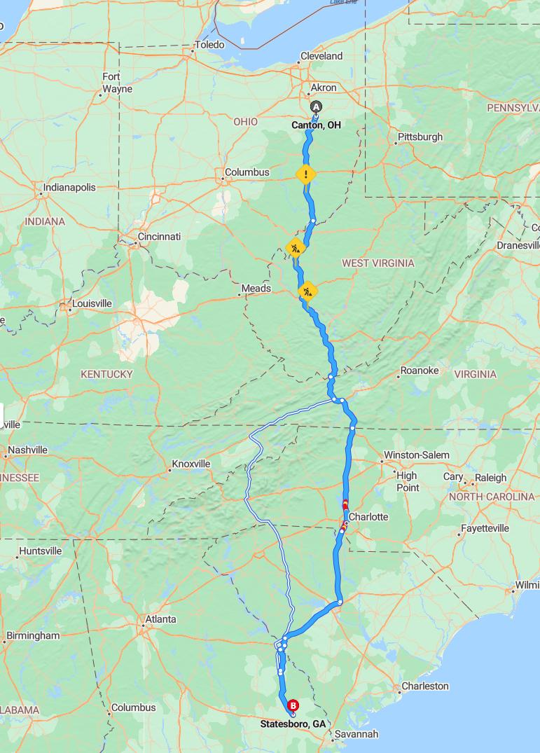 driving from Canton, Ohio to StatesboroGeorgia - map and route