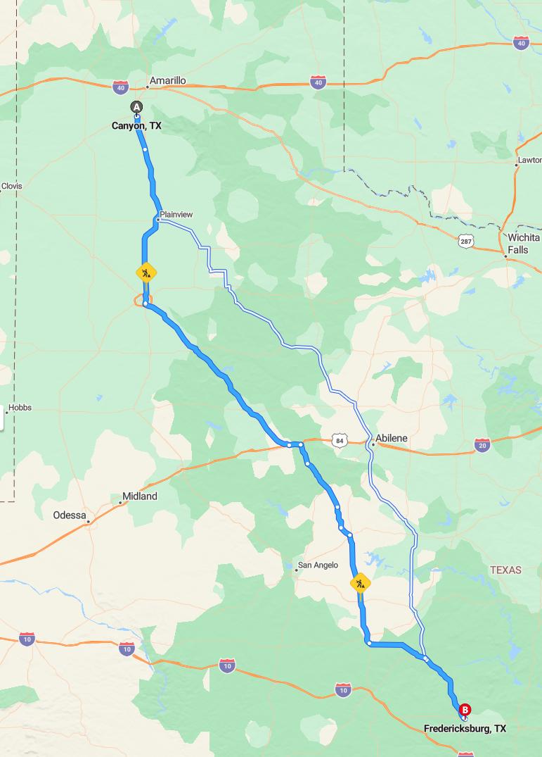 driving from Canyon, Texas to FredericksburgTexas - map and route