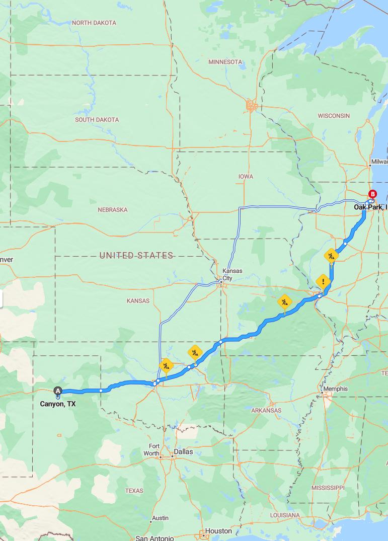 driving from Canyon, Texas to Oak ParkIllinois - map and route