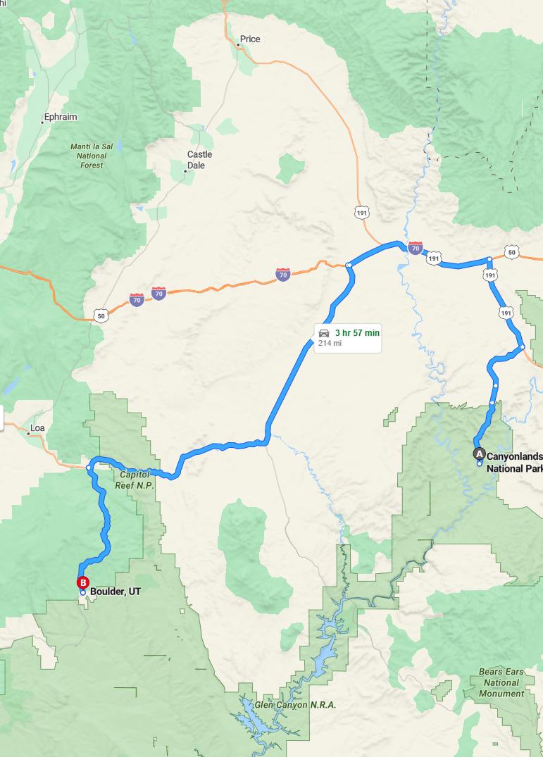 driving from Canyonlands, Utah to BoulderUtah - map and route