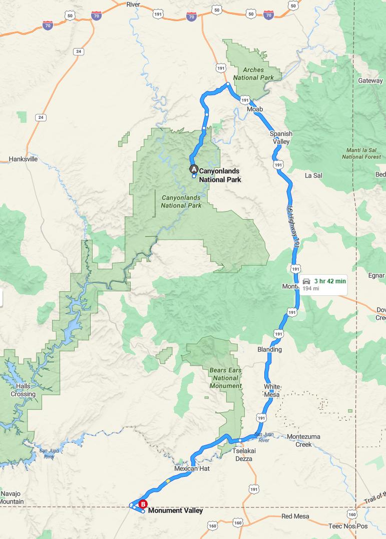 driving from Canyonlands, Utah to Monument ValleyArizona - map and route