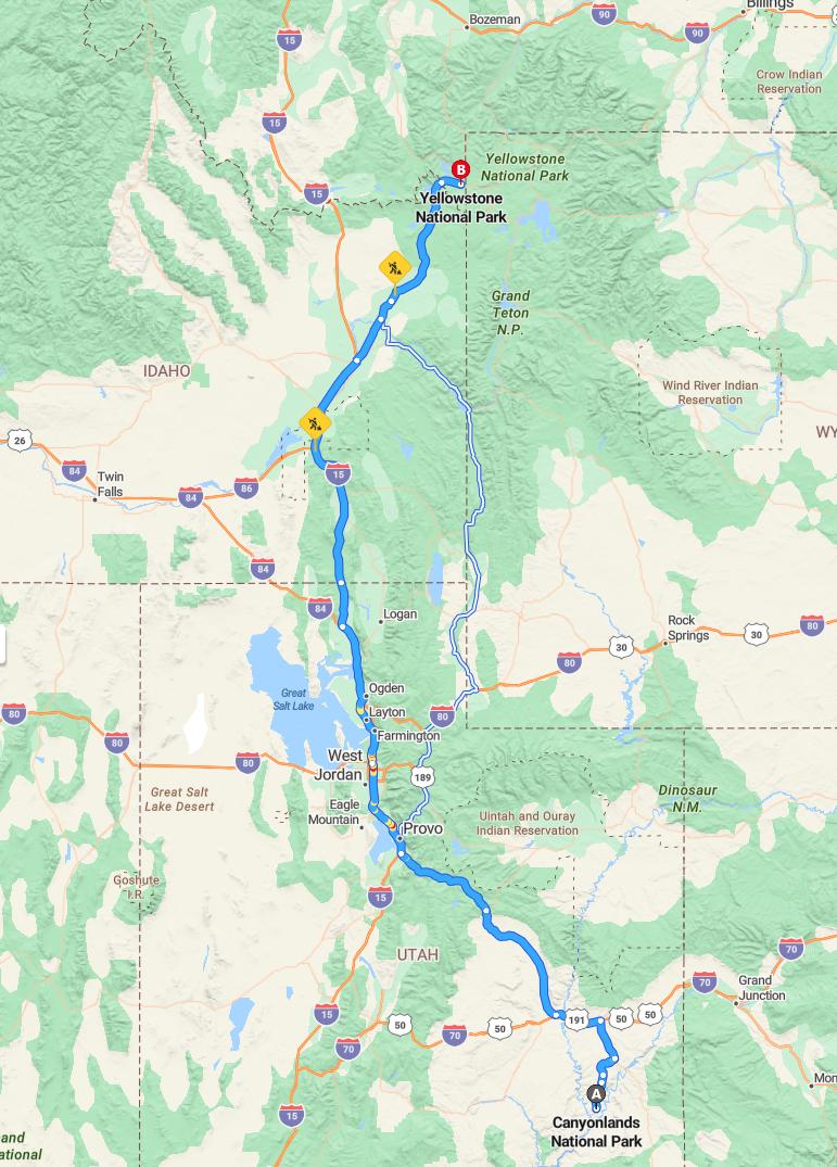 driving from Canyonlands, Utah to YellowstoneWyoming - map and route