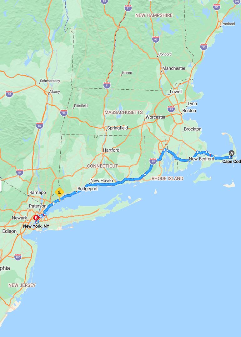 driving from Cape Cod, Massachusetts to New York CityNew York - map and route