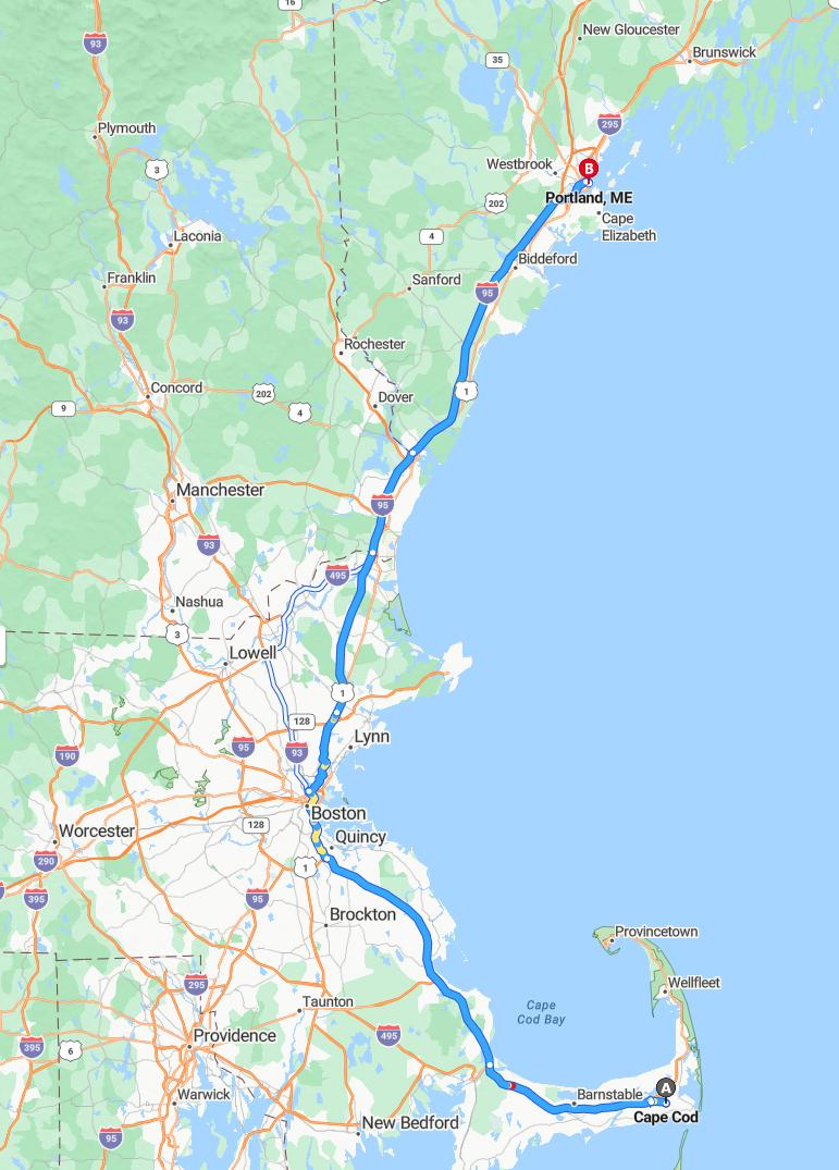 driving from Cape Cod, Massachusetts to PortlandMaine - map and route