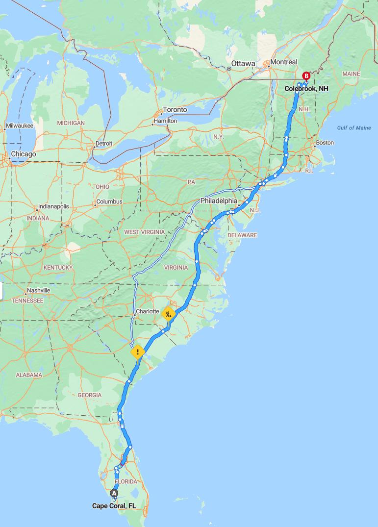 driving from Cape Coral, Florida to ColebrookNew Hampshire - map and route