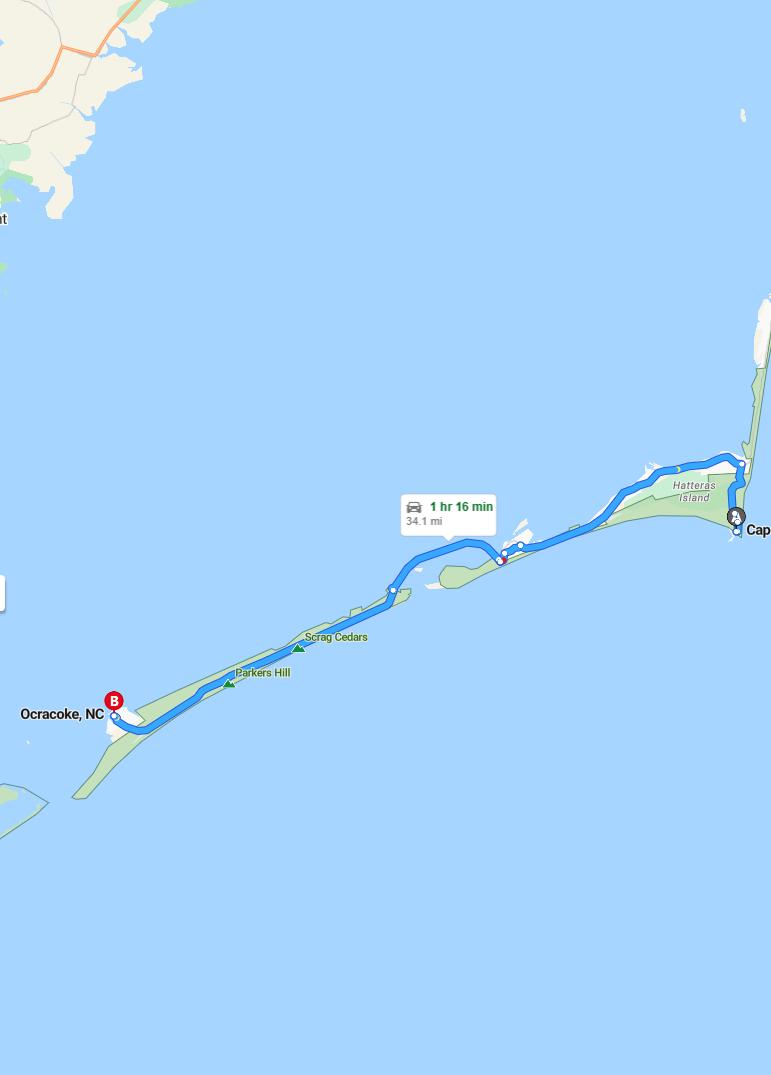 driving from Cape Hatteras, North Carolina to OcracokeNorth Carolina - map and route