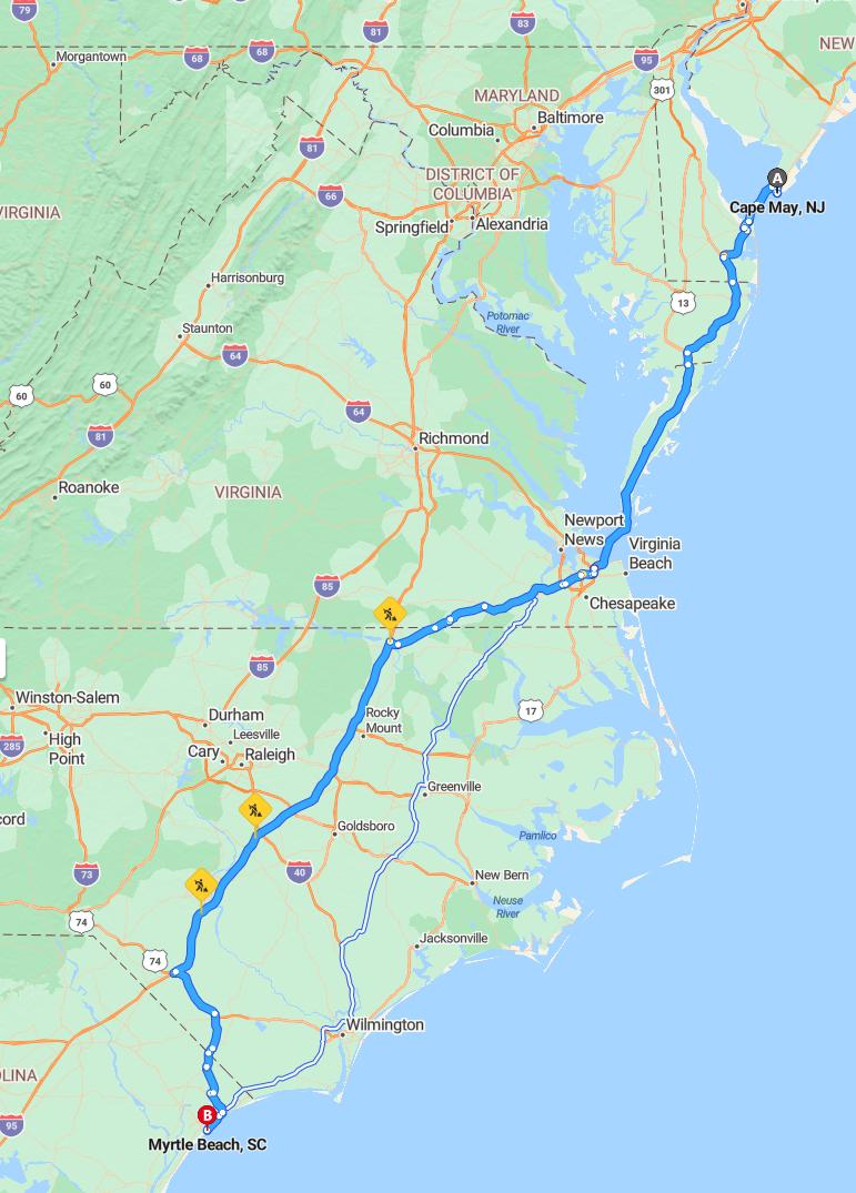 driving from Cape May, New Jersey to Myrtle BeachSouth Carolina - map and route