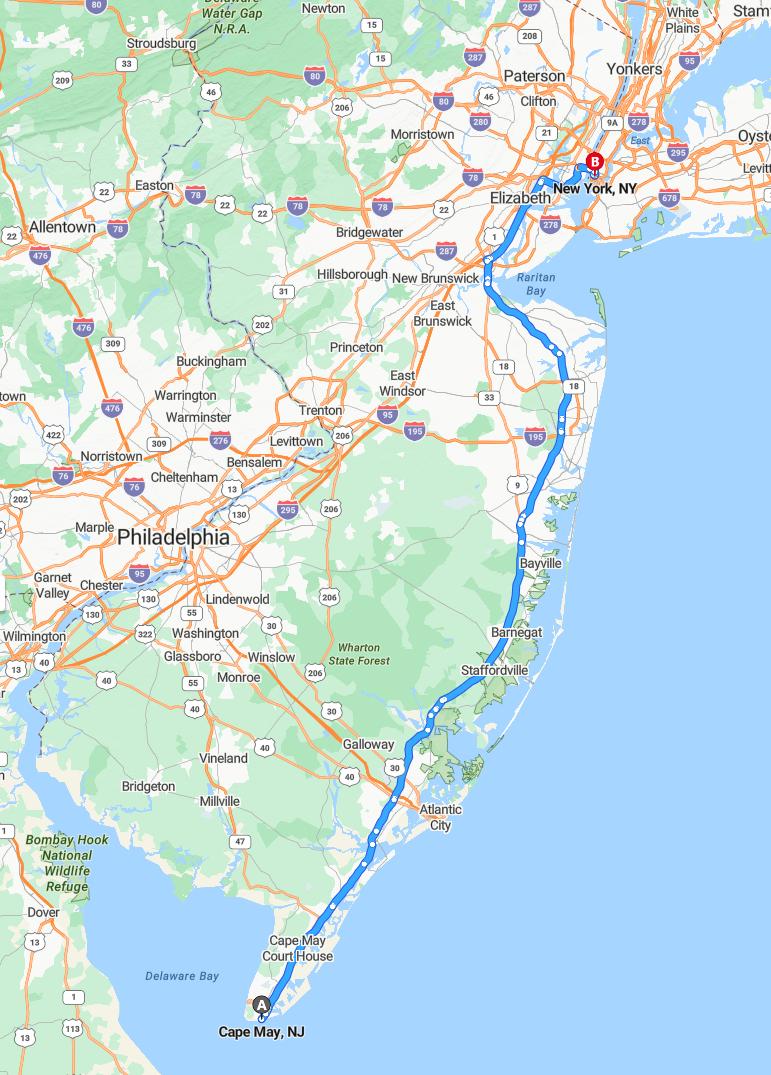 driving from Cape May, New Jersey to New YorkNew York - map and route