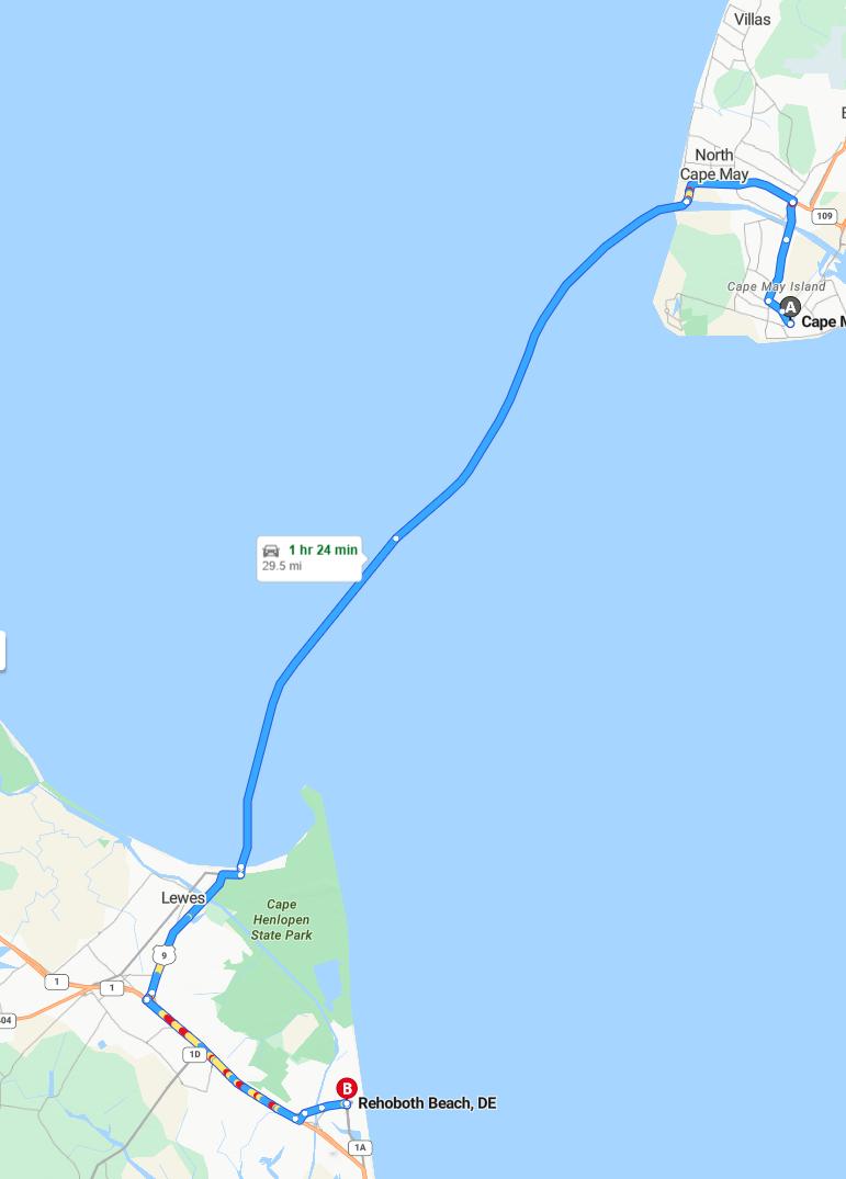 driving from Cape May, New Jersey to Rehoboth BeachDelaware - map and route