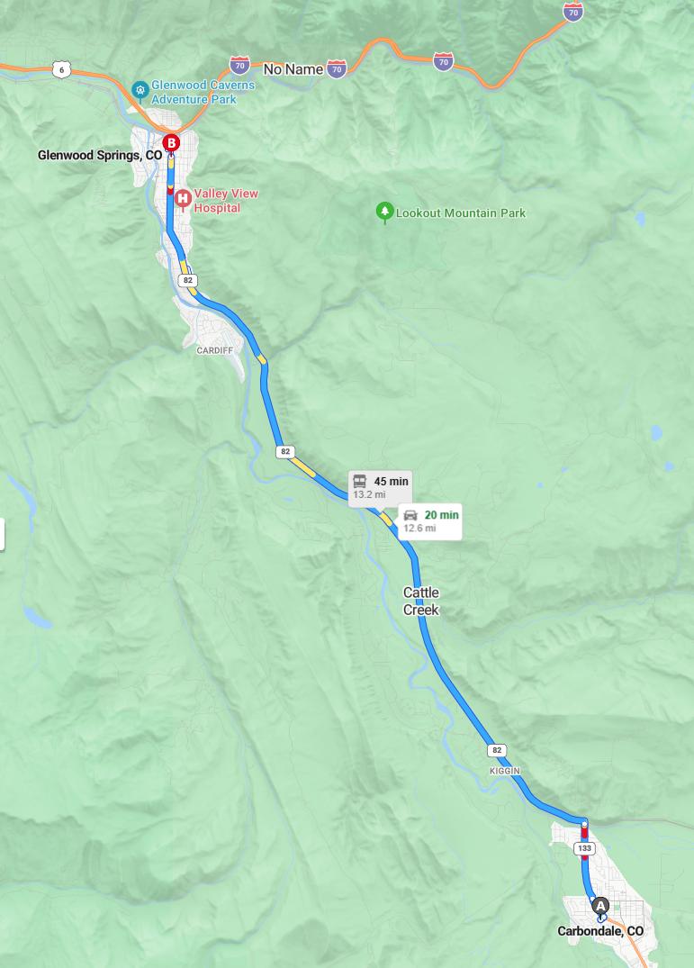 driving from Carbondale, Colorado to Glenwood SpringsColorado - map and route