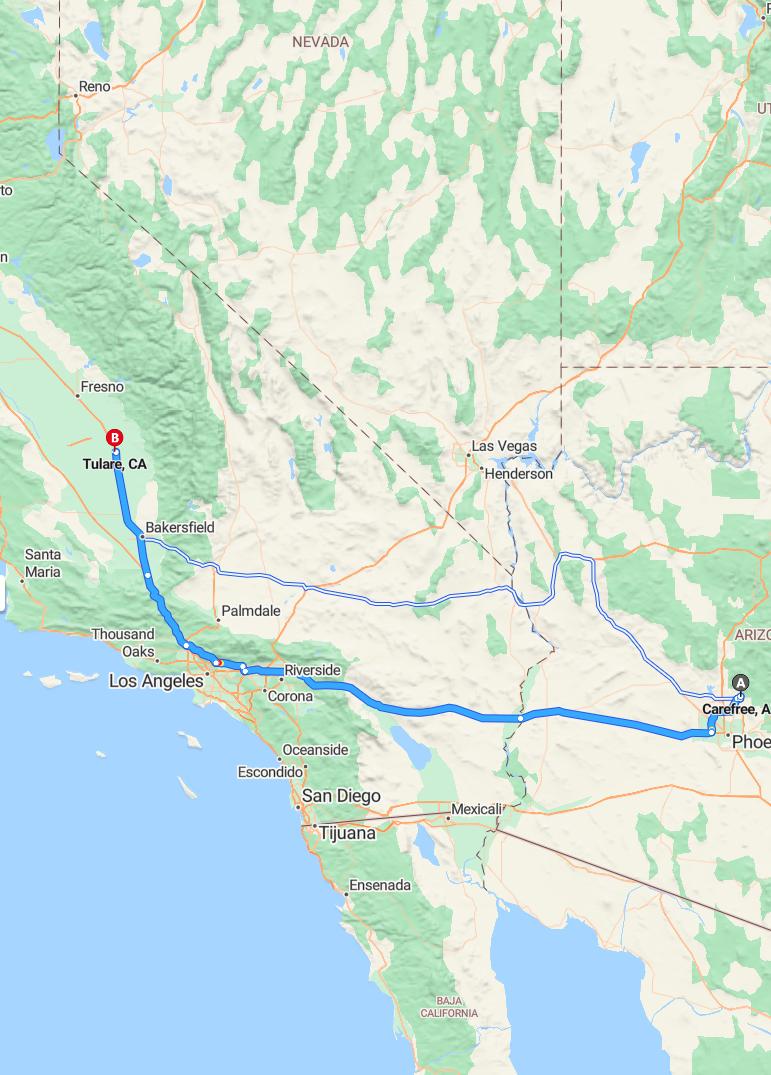 driving from Carefree, Arizona to TulareCalifornia - map and route