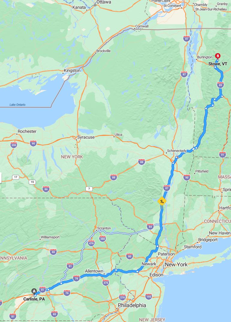 driving from Carlisle, Pennsylvania to StoweVermont - map and route