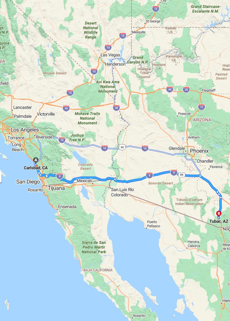 driving from Carlsbad, California to TubacArizona - map and route