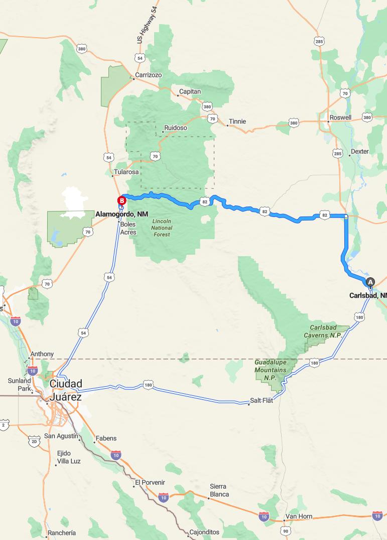 driving from Carlsbad, New Mexico to AlamogordoNew Mexico - map and route