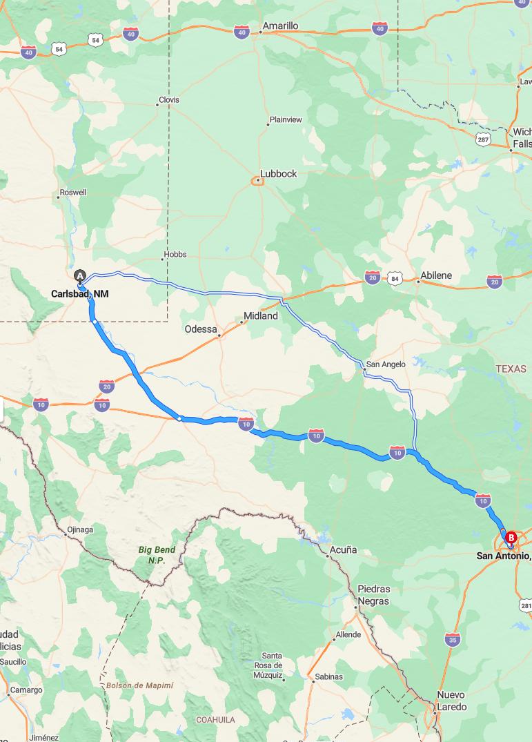 driving from Carlsbad, New Mexico to San AntonioTexas - map and route