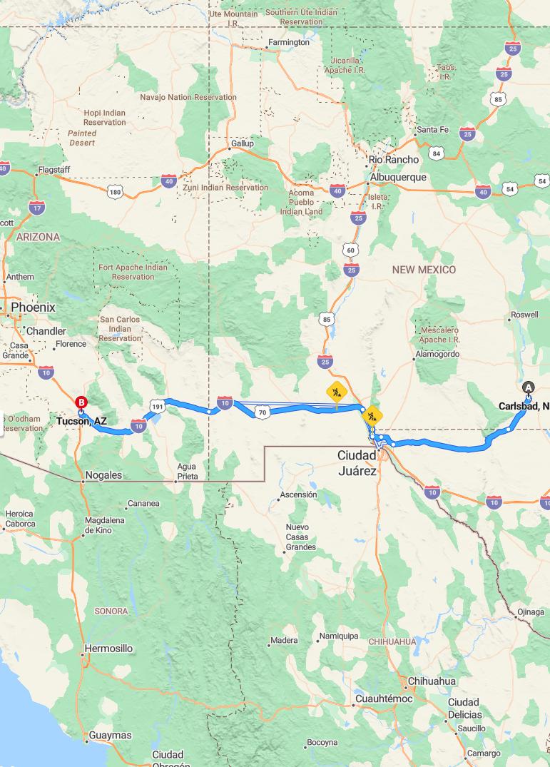 driving from Carlsbad, New Mexico to TucsonArizona - map and route