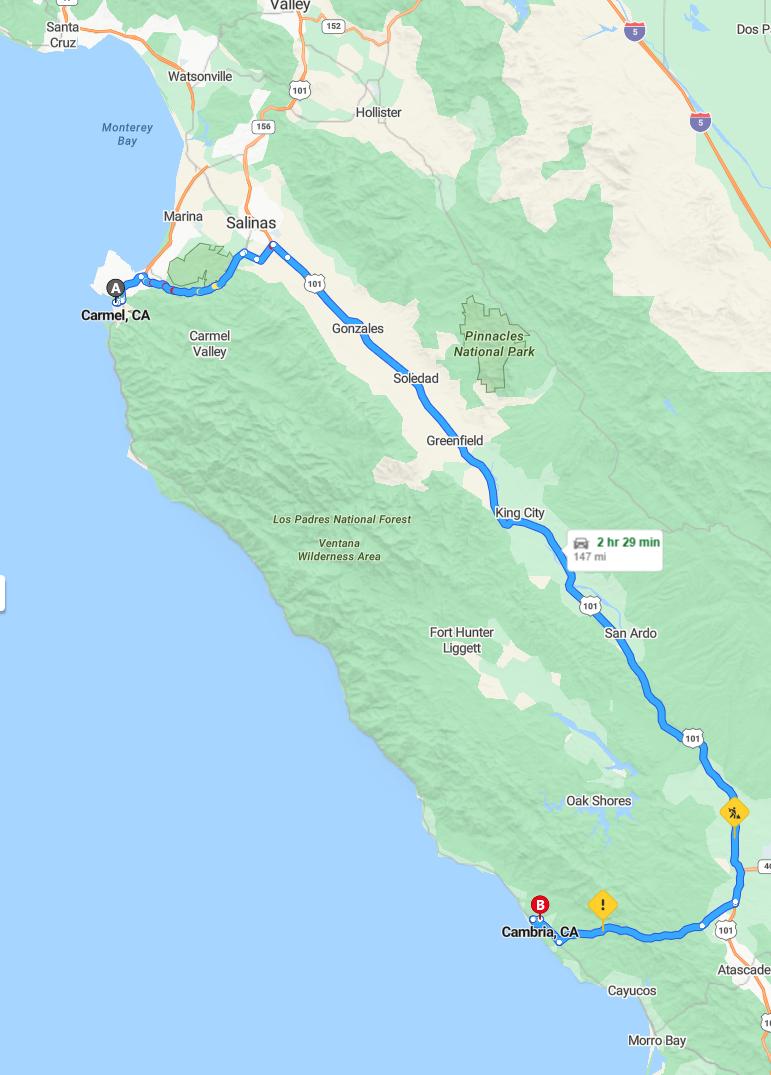 driving from Carmel, California to CambriaCalifornia - map and route