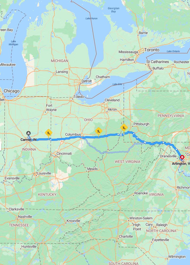 driving from Carmel, Indiana to ArlingtonVirginia - map and route